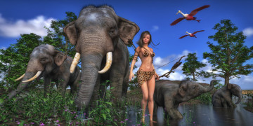 Картинка 3д+графика фантазия+ fantasy девушка взгляд фон слоны