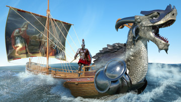 Картинка 3д+графика фантазия+ fantasy море ладья воин
