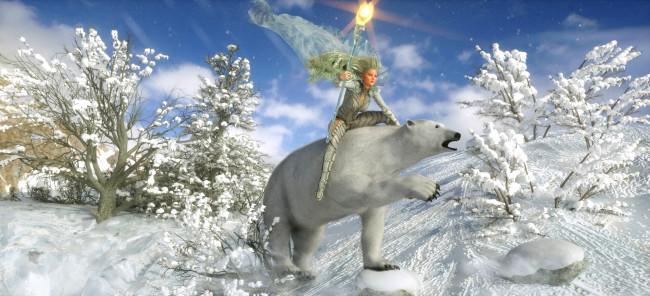 Обои картинки фото 3д графика, фантазия , fantasy, деревья, медведь, шест, снег, зима, фон, взгляд, девушка