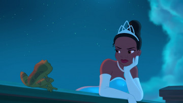 Картинка мультфильмы the+princess+and+the+frog облака диадема перчатки лягушка девушка