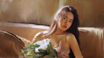 Картинка рисованное люди взгляд фон девушка цветы