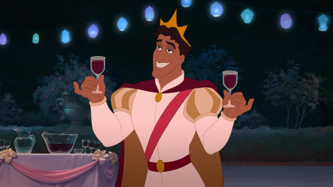 Обои картинки фото мультфильмы, the princess and the frog, вино, бокалы, фонари, корона, парень, принц