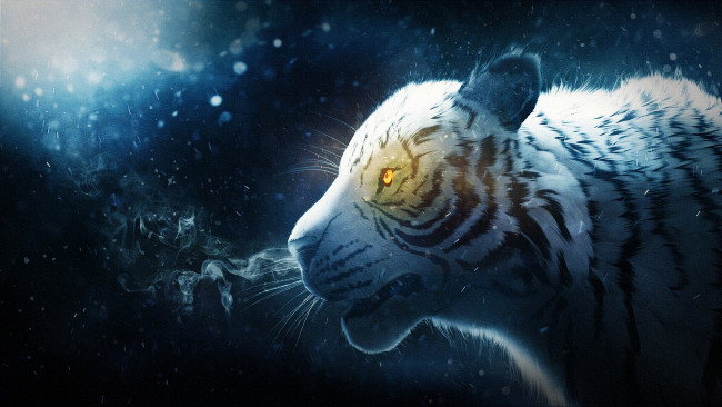 Обои картинки фото рисованное, животные,  тигры, снег, дым, тигр