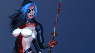 Картинка 3д+графика фантазия+ fantasy девушка фон взгляд катана кровь