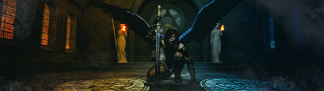 Обои картинки фото 3д графика, ангел , angel, девушка, фон, взгляд, крылья, меч