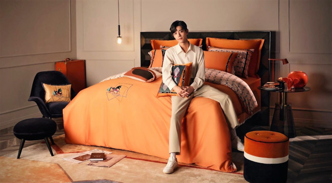 Обои картинки фото мужчины, xiao zhan, актер, кровать, подушки, пуфики