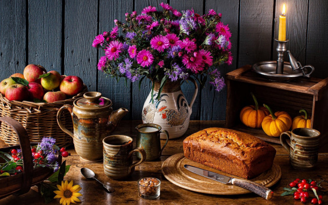 Обои картинки фото еда, натюрморт, свеча, букет, кофе, тыква, яблоки, пирог