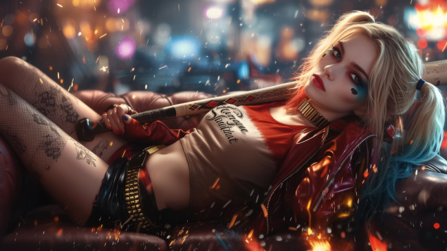 Обои картинки фото harley quinn, 3д графика, мультфильмы,  кино,  видео игры, девушка, женщина, блондинка, светловолосая, сексуальная, модель, звезда, позирует, разная, обувь, верхняя, стильная, одежда, нижнее, эротическое, бельё, трусы, лифчик, колготки, чулки, аксессуары, макияж, и, множество, элементов, на, фотографии