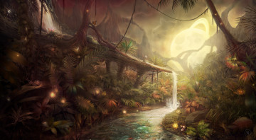Картинка фэнтези пейзажи лес водопад