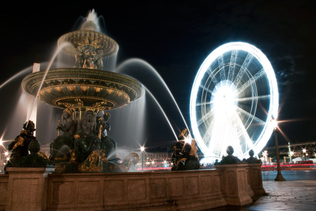 Обои картинки фото площадь, согласия, париж, города, франция, вода, ночь, скульптуры, колесо, обозрения