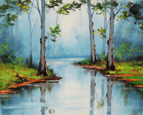 Картинка рисованные живопись река деревья лес