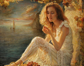 обоя рисованные, helene, beland, девушка, с, виноградом