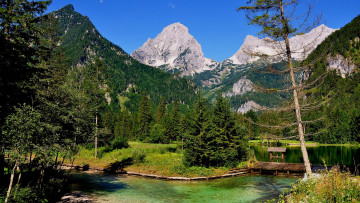 Картинка hinterstoder austria природа пейзажи горы лес ели озеро плотина австрия
