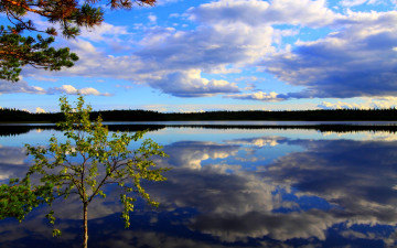 обоя beautiful, lake, view, природа, реки, озера, отражение, озеро, облака