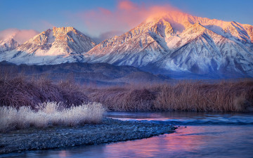 Картинка природа горы река рассвет иней