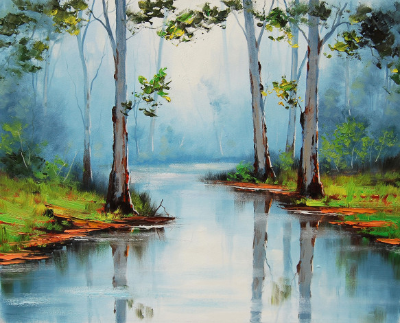 Обои картинки фото рисованные, живопись, река, деревья, лес