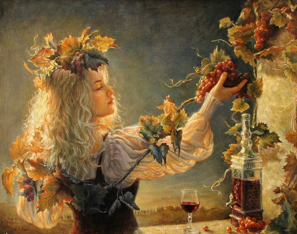Обои картинки фото рисованные, helene, beland, девушка, вино, виноград