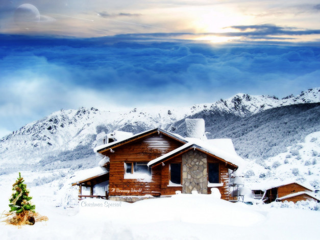 Обои картинки фото разное, компьютерный, дизайн, снег, горы, дом, облака