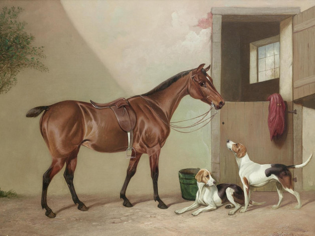 Обои картинки фото рисованные, colin, graeme, roe, лошадь, и, гончие, собаки