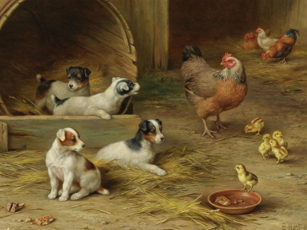 Обои картинки фото рисованные, edgar, hunt, щенки, и, цыплята