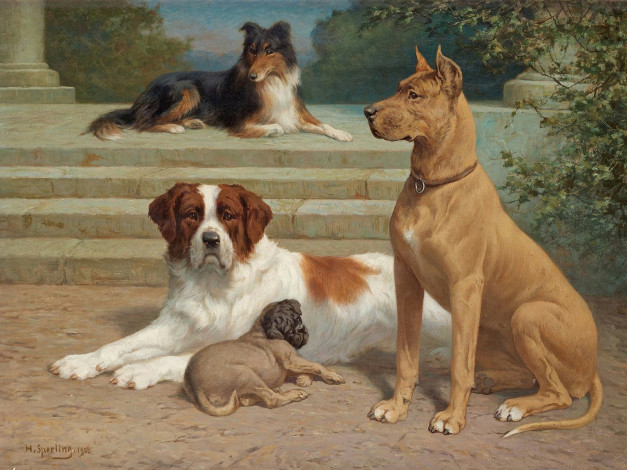 Обои картинки фото рисованные, heinrich, sperling, собаки, на, лестнице