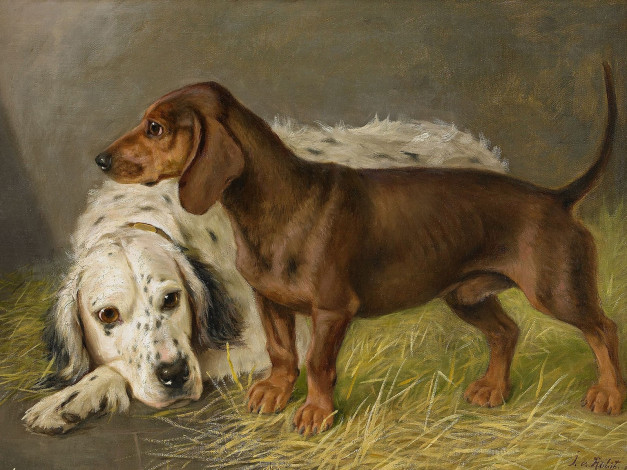 Обои картинки фото рисованные, johan, von, holst, собаки, английский, сеттер, и, такса