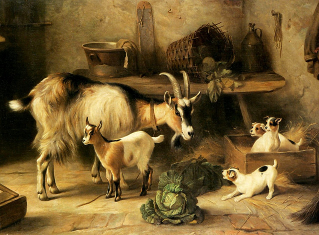 Обои картинки фото рисованные, edgar, hunt, козы, и, щенки, в, сарае