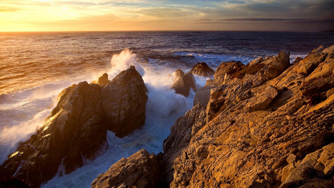 Обои картинки фото sunset, at, point, lobos, california, природа, побережье, море, скалы, берег, волны, пена, прибой