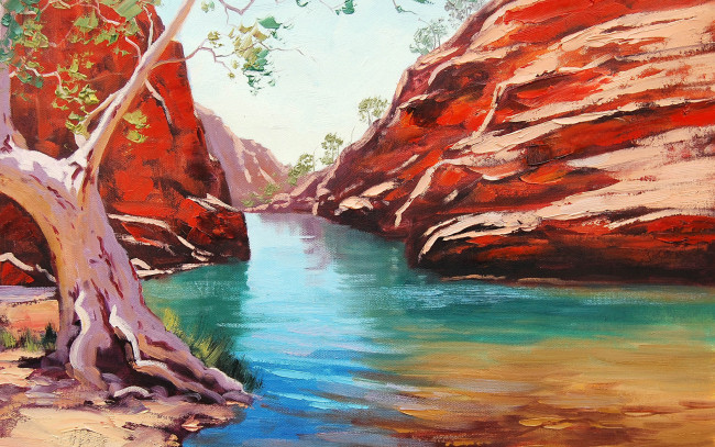 Обои картинки фото рисованные, живопись, река, дерево, канйон