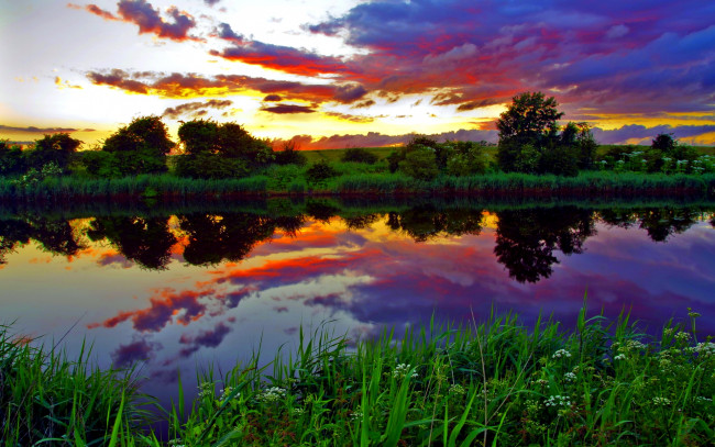 Обои картинки фото river, sunset, природа, реки, озера, закт, тучи, река