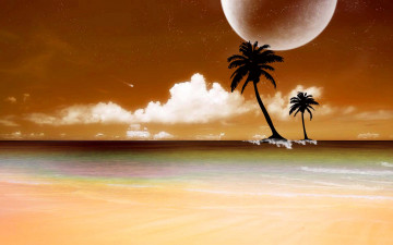 обоя 3д, графика, atmosphere, mood, атмосфера, настроения, планета, облака, пальмы, пляж, океан