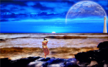 Картинка 3д графика atmosphere mood атмосфера настроения океан планета маяк девушка волны
