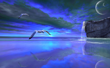 Картинка 3д графика atmosphere mood атмосфера настроения океан водопад скалы отражение чайки планеты