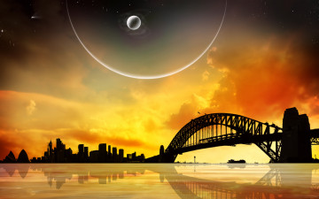 Картинка 3д графика atmosphere mood атмосфера настроения планеты звезды небосвод мост вода город