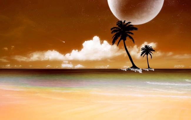 Обои картинки фото 3д, графика, atmosphere, mood, атмосфера, настроения, планета, облака, пальмы, пляж, океан