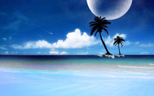 Обои картинки фото 3д, графика, atmosphere, mood, атмосфера, настроения, пальмы, пляж, океан, планета, облака