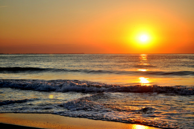 Обои картинки фото природа, восходы, закаты, океан, горизонт, пляж, волны, солнце