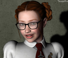 Картинка 3д+графика портрет+ portraits девушка взгляд рыжая очки фон стена тень