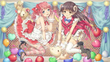 Картинка аниме -angels+&+demons девушки рожки рюши барашек медведь игрушки шарики бантики