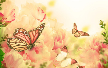 Картинка разное компьютерный+дизайн цветы лепестки пионы бабочки ветки цветение