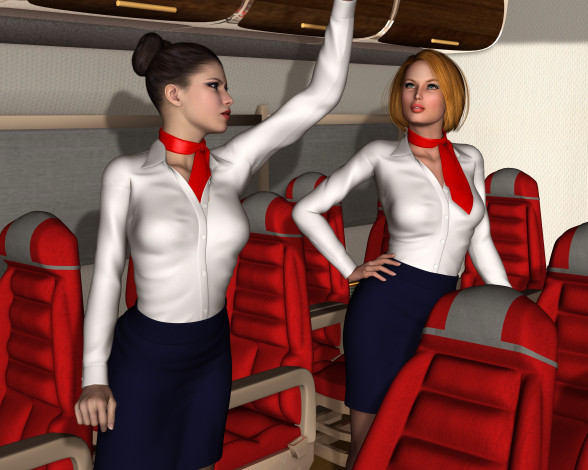 Обои картинки фото stewardesses, 3д графика, фантазия , fantasy, кресла, салон, взгляд, девушки