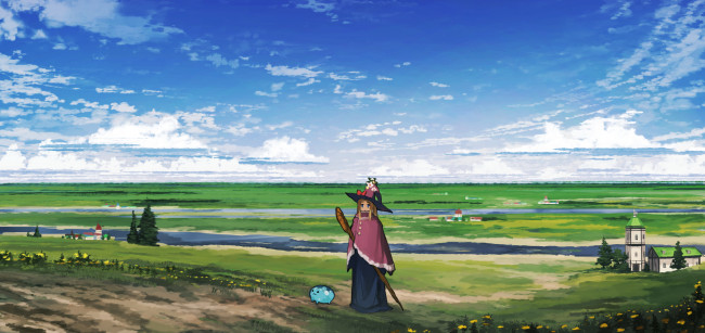 Обои картинки фото аниме, *unknown , другое, арт, небо, поле, зверёк, девушка