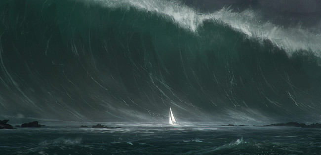 Обои картинки фото фэнтези, корабли, риф, парусник, яхта, вал, девятый, шторм, море
