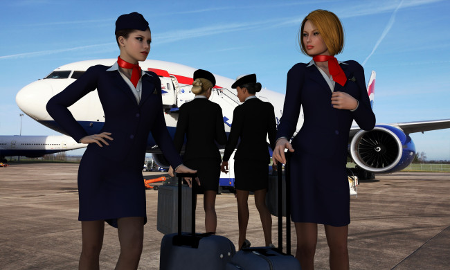 Обои картинки фото stewardesses, 3д графика, фантазия , fantasy, самолет, девушки, взгляд