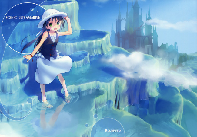 Обои картинки фото аниме, *unknown , другое, девочка, шляпка, арт, вода, замок