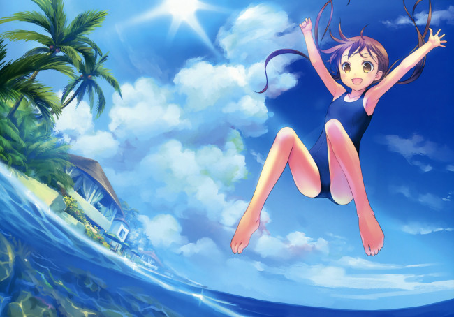 Обои картинки фото аниме, *unknown , другое, море, девушка, арт, пальмы, пляж, домики, облака, солнце, небо, прыжок