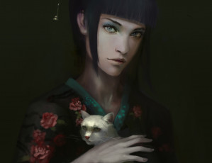 Картинка рисованное люди мрачно фон кимоно кошка девушка рука белая