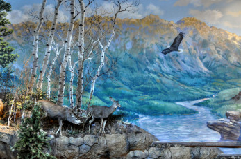 Картинка рисованное животные птица река олень горы природа пейзаж