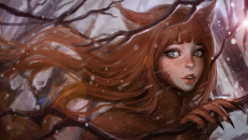 Картинка фэнтези оборотни когти волосы арт зима ветер уши лапа взгляд глаза девушка зверь лицо