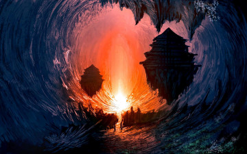 Картинка фэнтези магия пещера свет острова дома